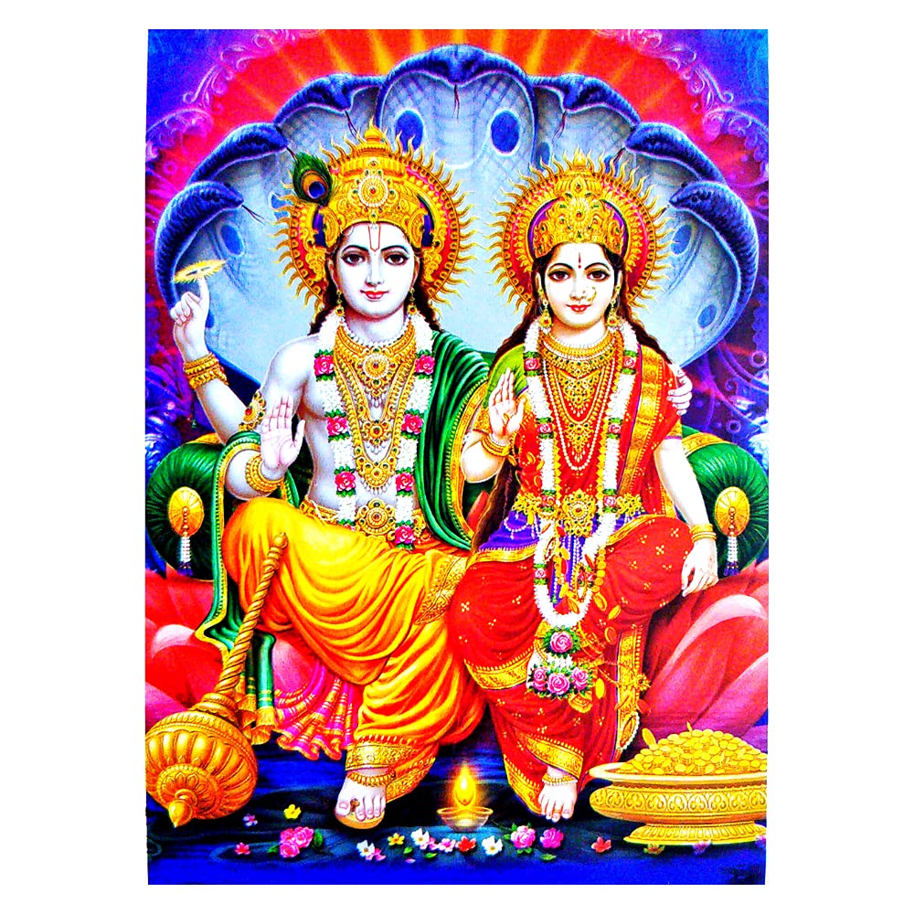 Suninow Vishnu Laxmi Photo With Frame | God Goddess Religious Framed Painting For Wall And Pooja/Hindu Bhagwan Devi Devta Photo